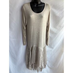 Scandal Maxi Beige Long Sleeve Dress Size 18 100% Cotton Lagenlook Lace Hem